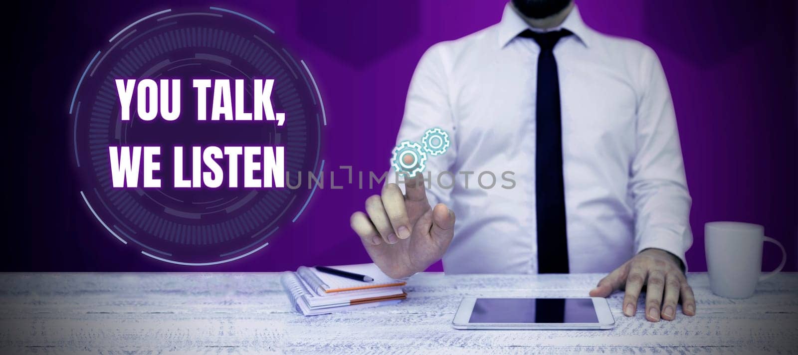 Text caption presenting You Talk, We Listen, Business approach Two Way Communication Motivational Conversation