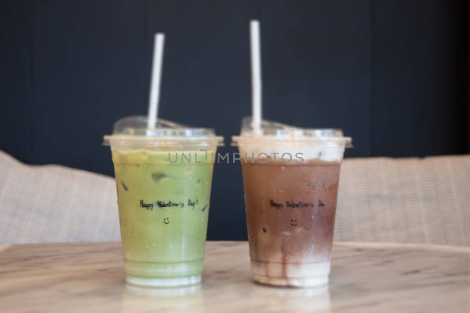 Ice matcha greentea and ice mocha in coffee shop, stock photo