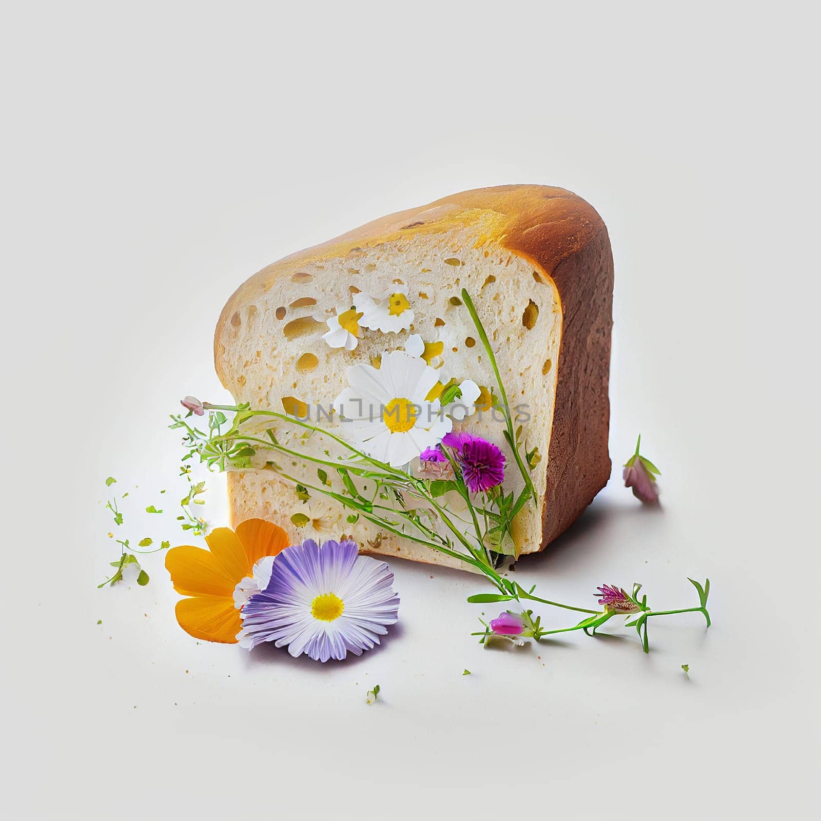 Toast bread with fresh flowers, spring and summer season, plants from the garden, healthy food, generative AI