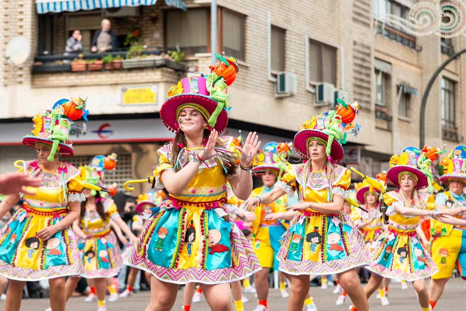 Badajoz, Spain, sunday. February 19 2023. Parade through the streets of Badajoz, group called Los infectos acelerados