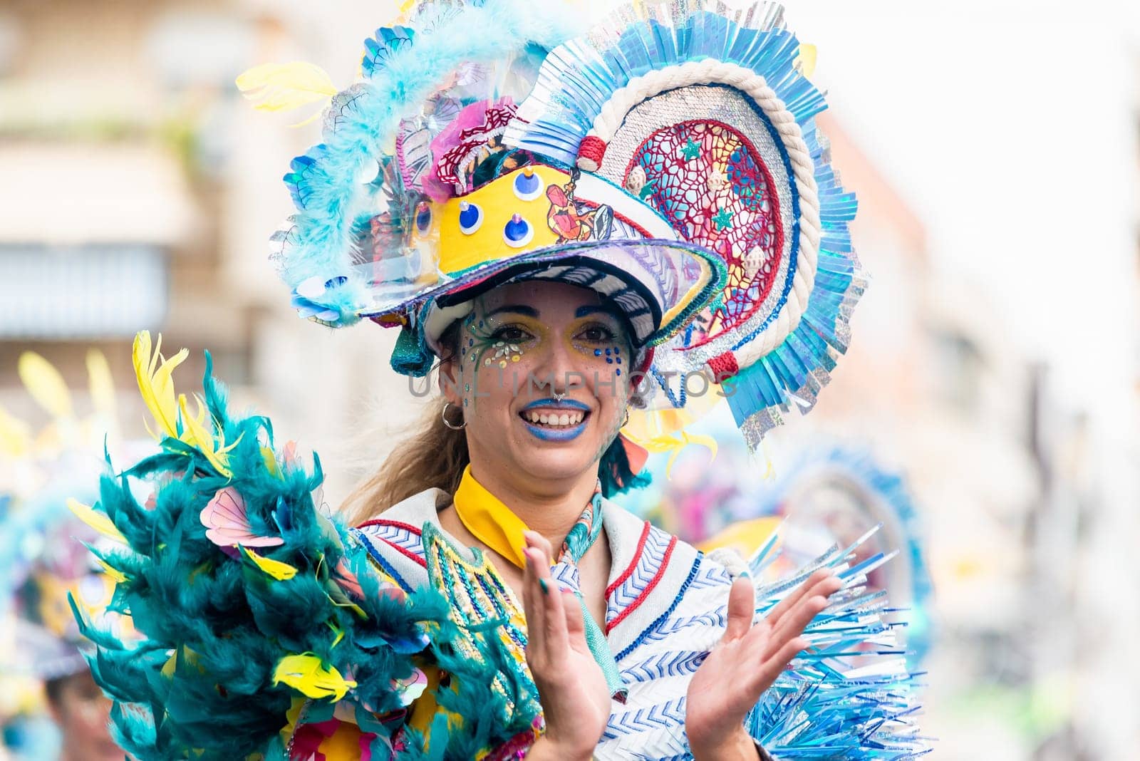 Badajoz, Spain, sunday. February 19 2023. Parade through the streets of Badajoz, group called moracantana