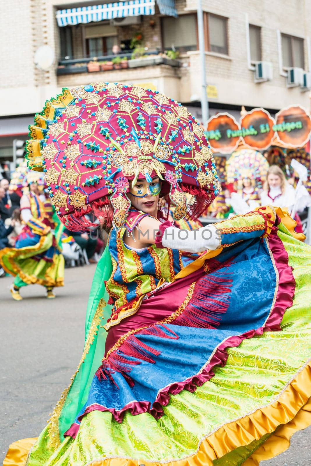 Badajoz, Spain, sunday. February 19 2023. Parade through the streets of Badajoz, group called Themba