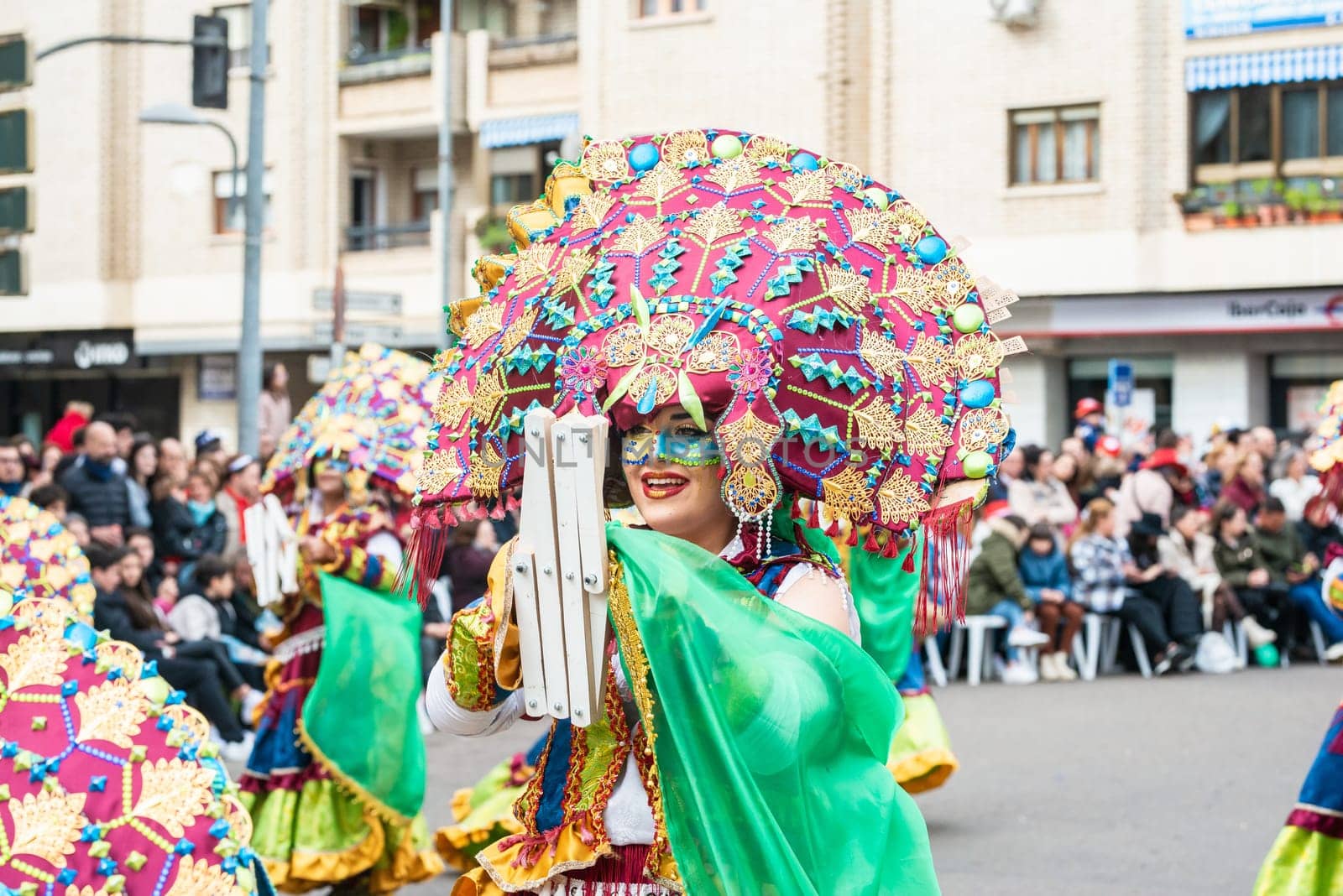 Badajoz, Spain, sunday. February 19 2023. Parade through the streets of Badajoz, group called Themba