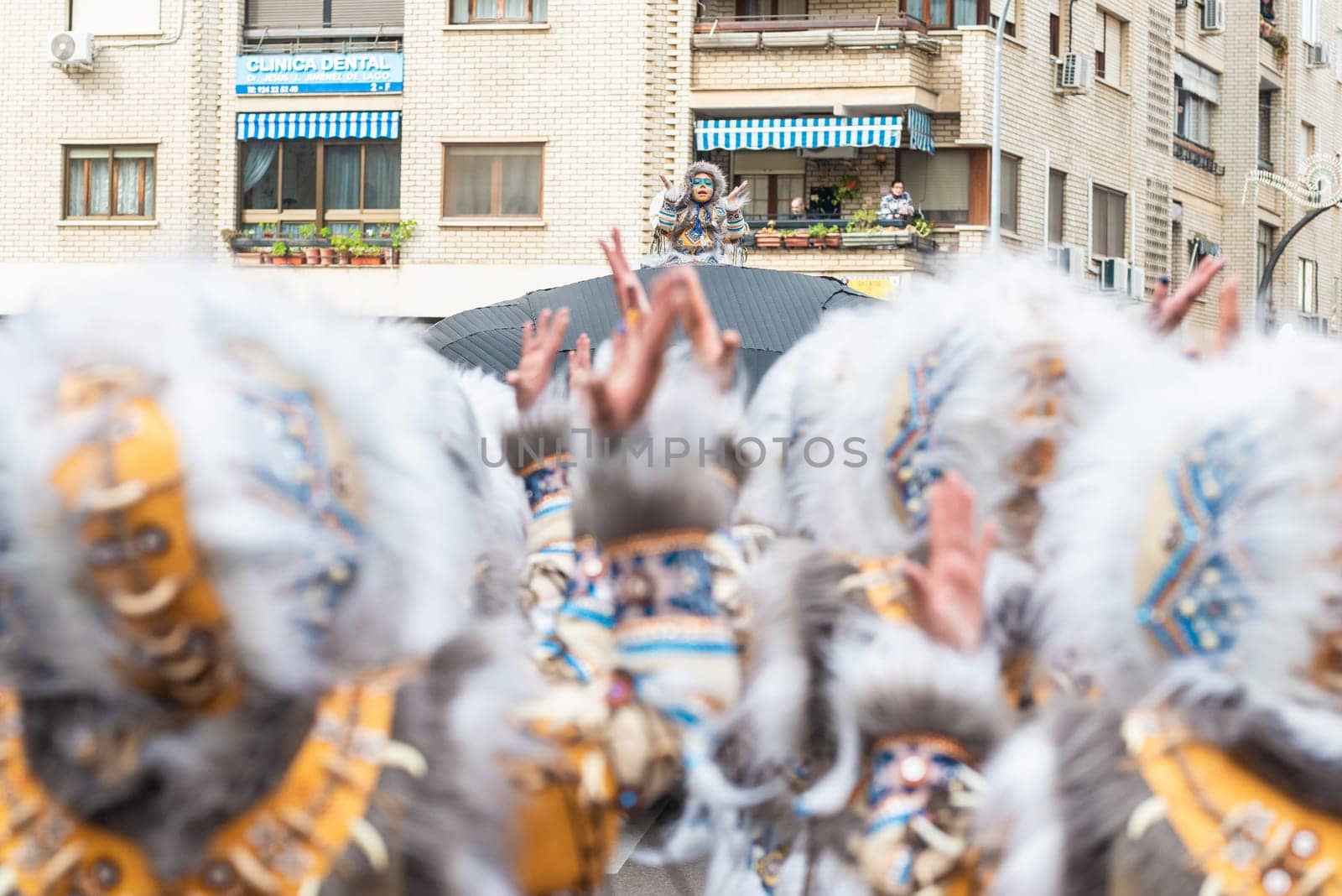 Badajoz, Spain, sunday. February 19 2023. Parade through the streets of Badajoz, group called El Vaivén