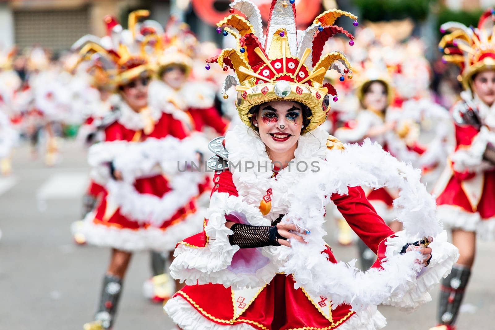 Badajoz, Spain, sunday. February 19 2023. Parade through the streets of Badajoz, group called Los Rikis