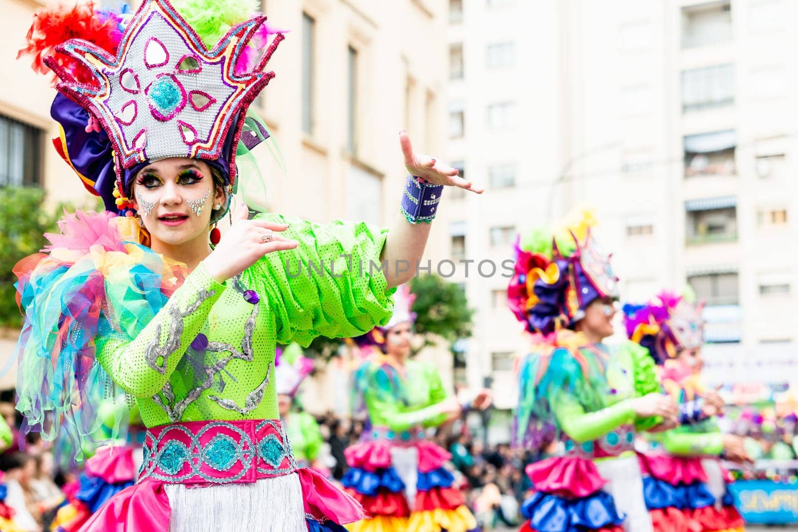 Badajoz, Spain, sunday. February 19 2023. Parade through the streets of Badajoz, group called Los de siempre
