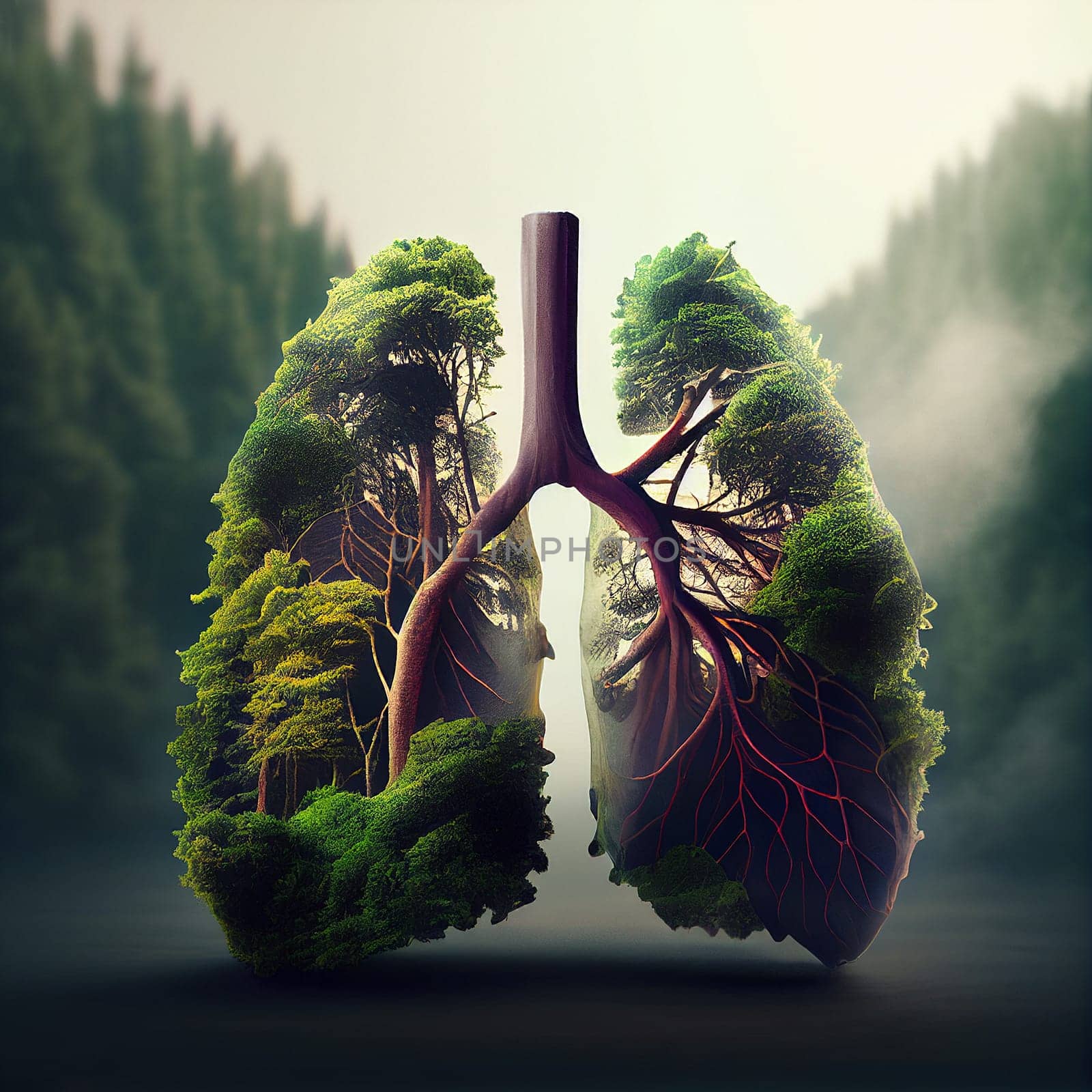 Green lung win the forest, trees for fresh healthy breathing air, environment concept, connect to nature, generative AI