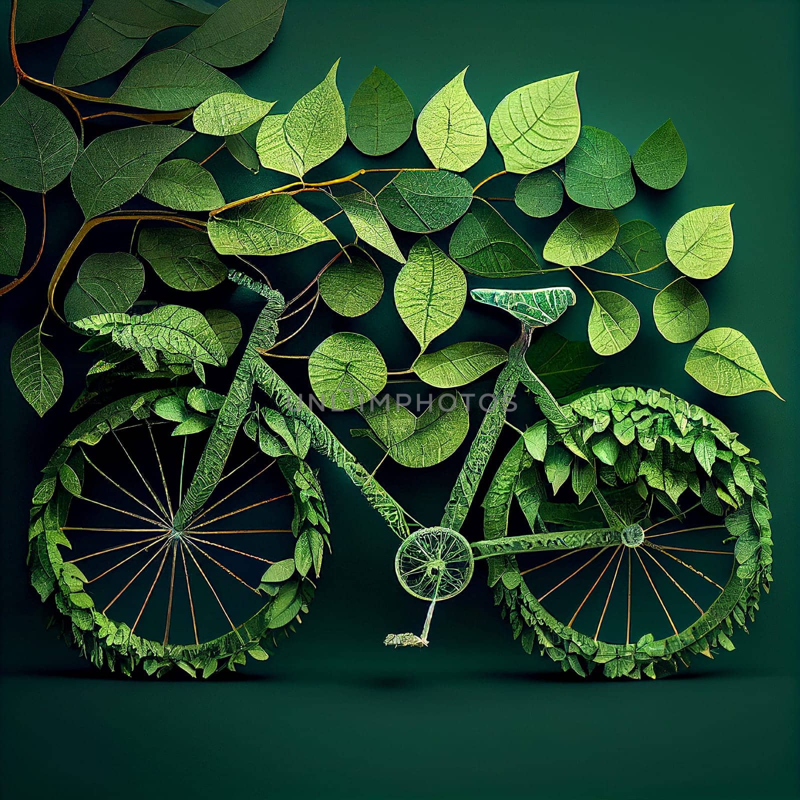 Bicycle covered with green leaf tendril, eco and environment concept, sustainable transport and travel, earth day, generative AI