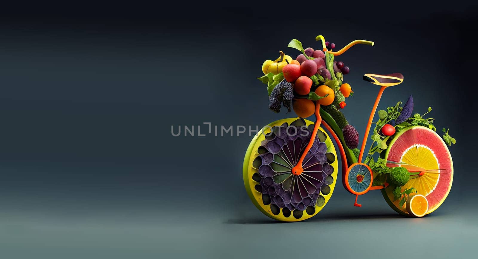 Bicycle made with fruits and vegetables, healthy active lifestyle, fitness concept, weight loss, generative AI