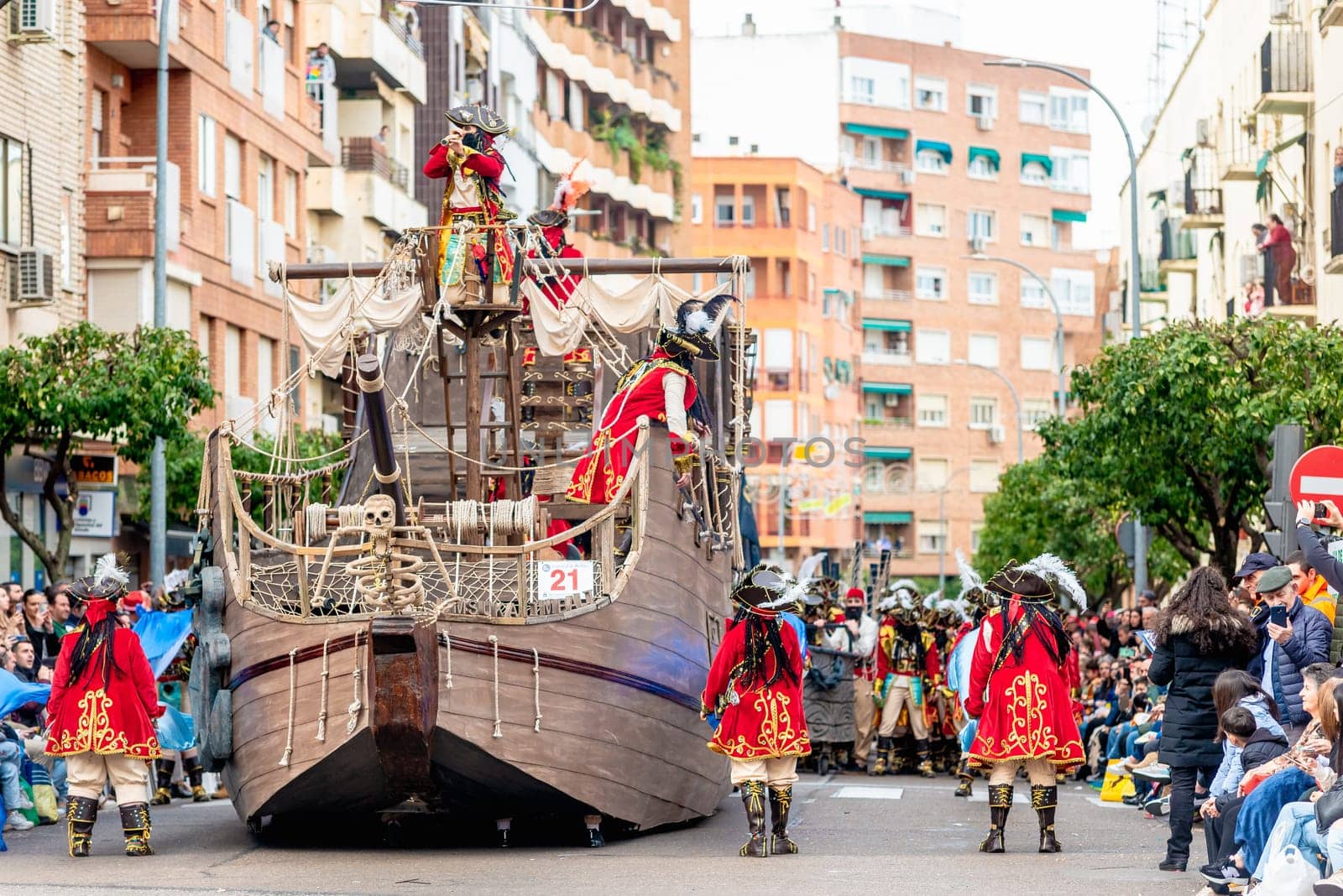 Badajoz, Spain, sunday. February 19 2023. Parade through the streets of Badajoz, group called umsuka imbali