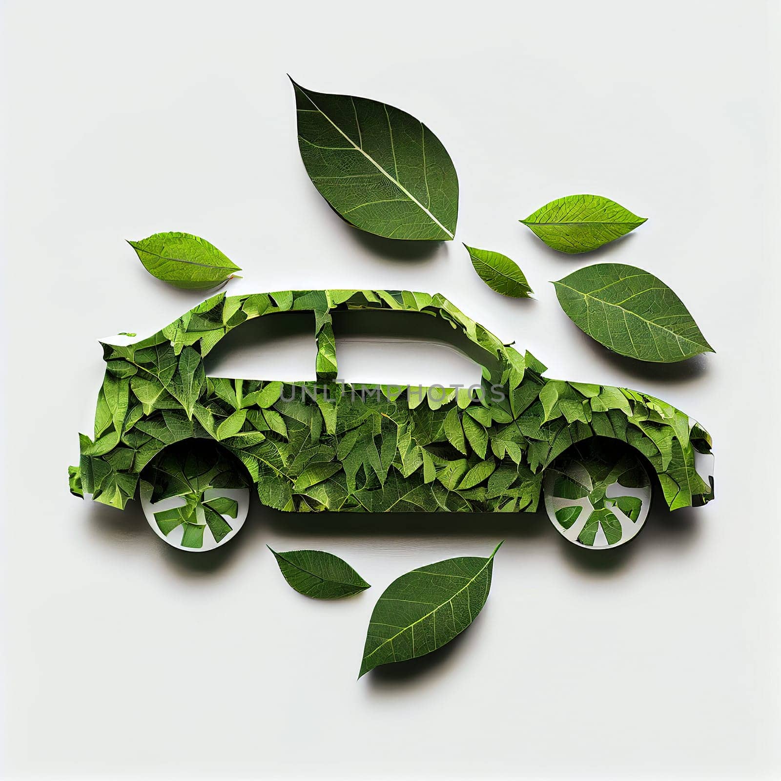 Green electric car made from leaves, sustainable and renewable ressources, eco power, environment issue