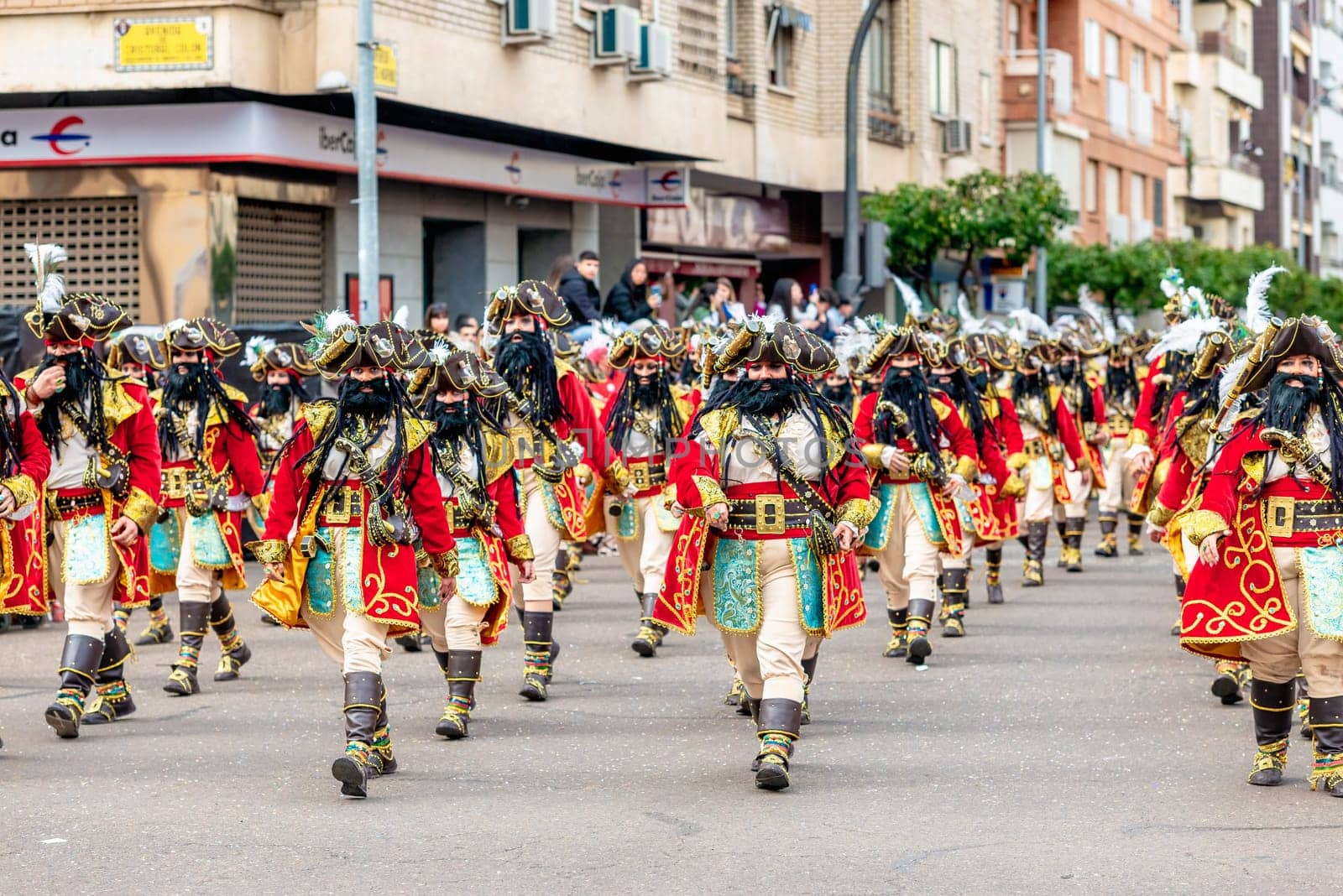 Badajoz, Spain, sunday. February 19 2023. Parade through the streets of Badajoz, group called umsuka imbali
