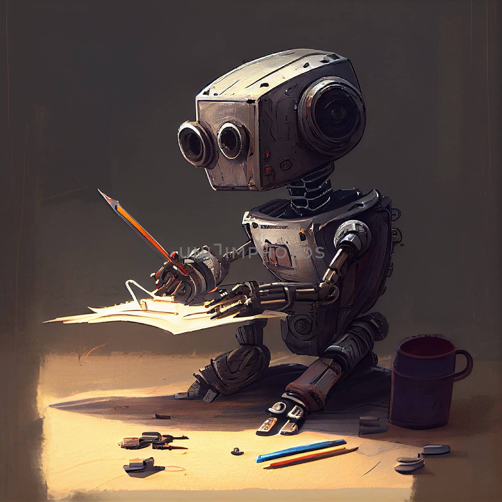 Artificiial intelligence robot drawing a picture, cyborg artist replacing humans, futuristic technology, generative AI