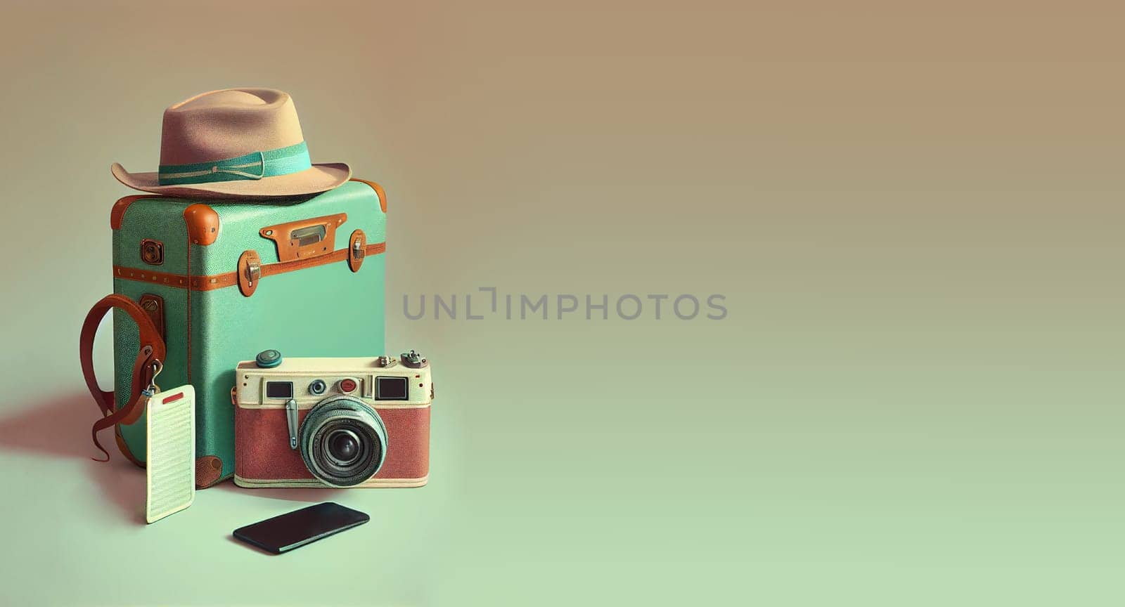 Backpack with a camera and hat, summer holiday feeling, pastel color, retro style, travel concept