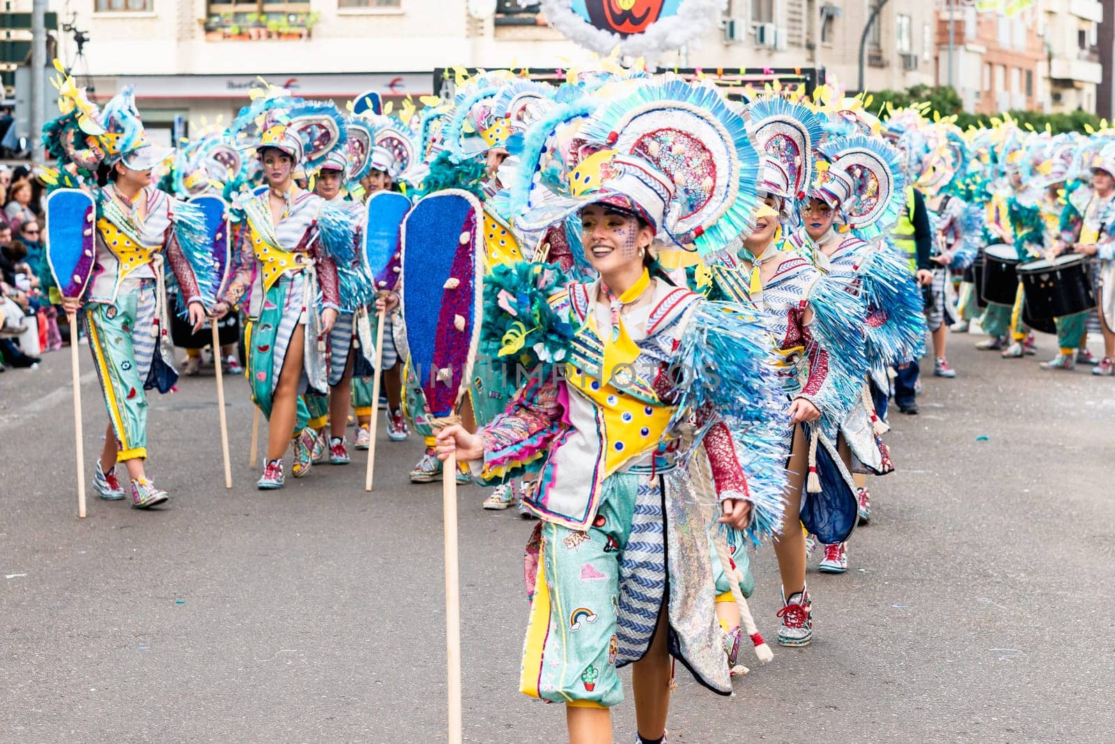 Badajoz, Spain, sunday. February 19 2023. Parade through the streets of Badajoz, group called moracantana
