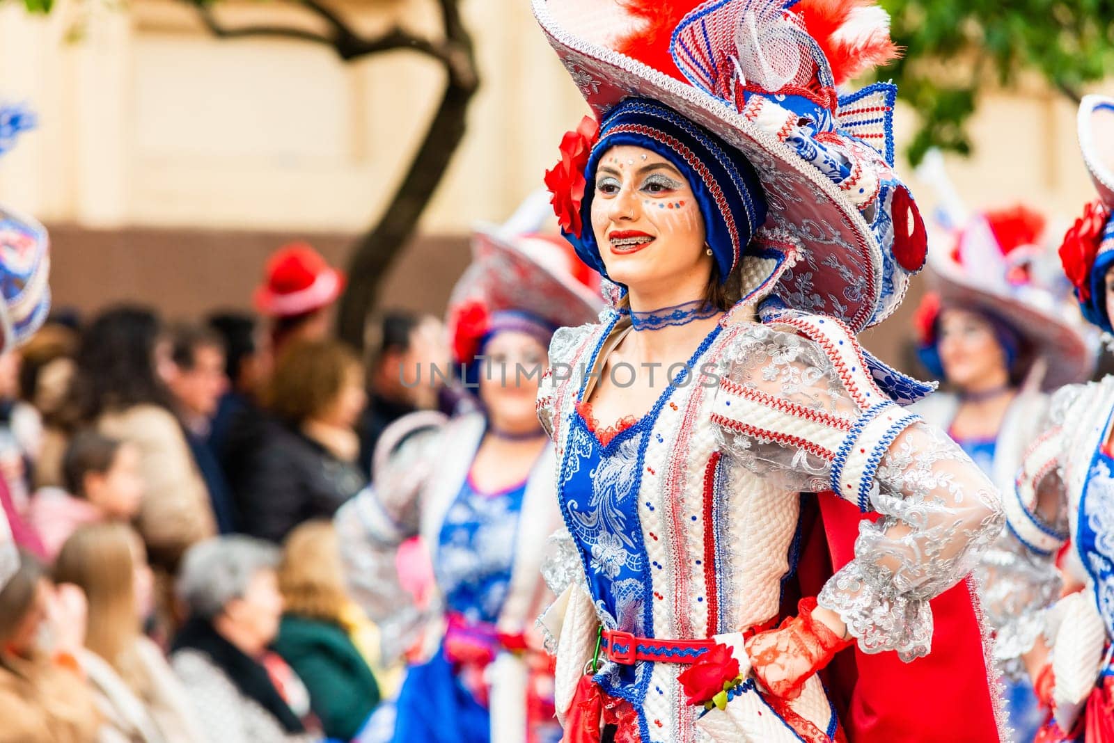 Badajoz, Spain, sunday. February 19 2023. Parade through the streets of Badajoz, group called Los lorolos
