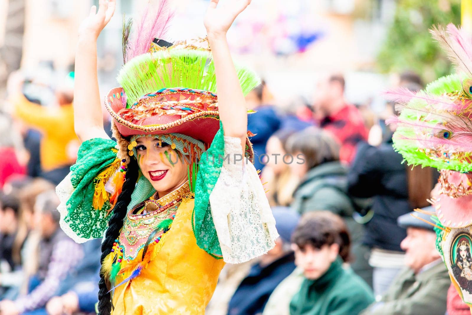 Badajoz, Spain, sunday. February 19 2023. Parade through the streets of Badajoz, group called la movida zingara