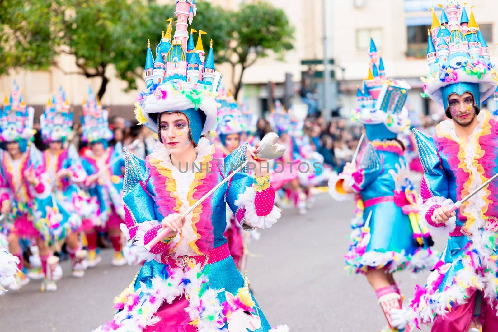 Badajoz, Spain, sunday. February 19 2023. Parade through the streets of Badajoz, group called Tarakanova
