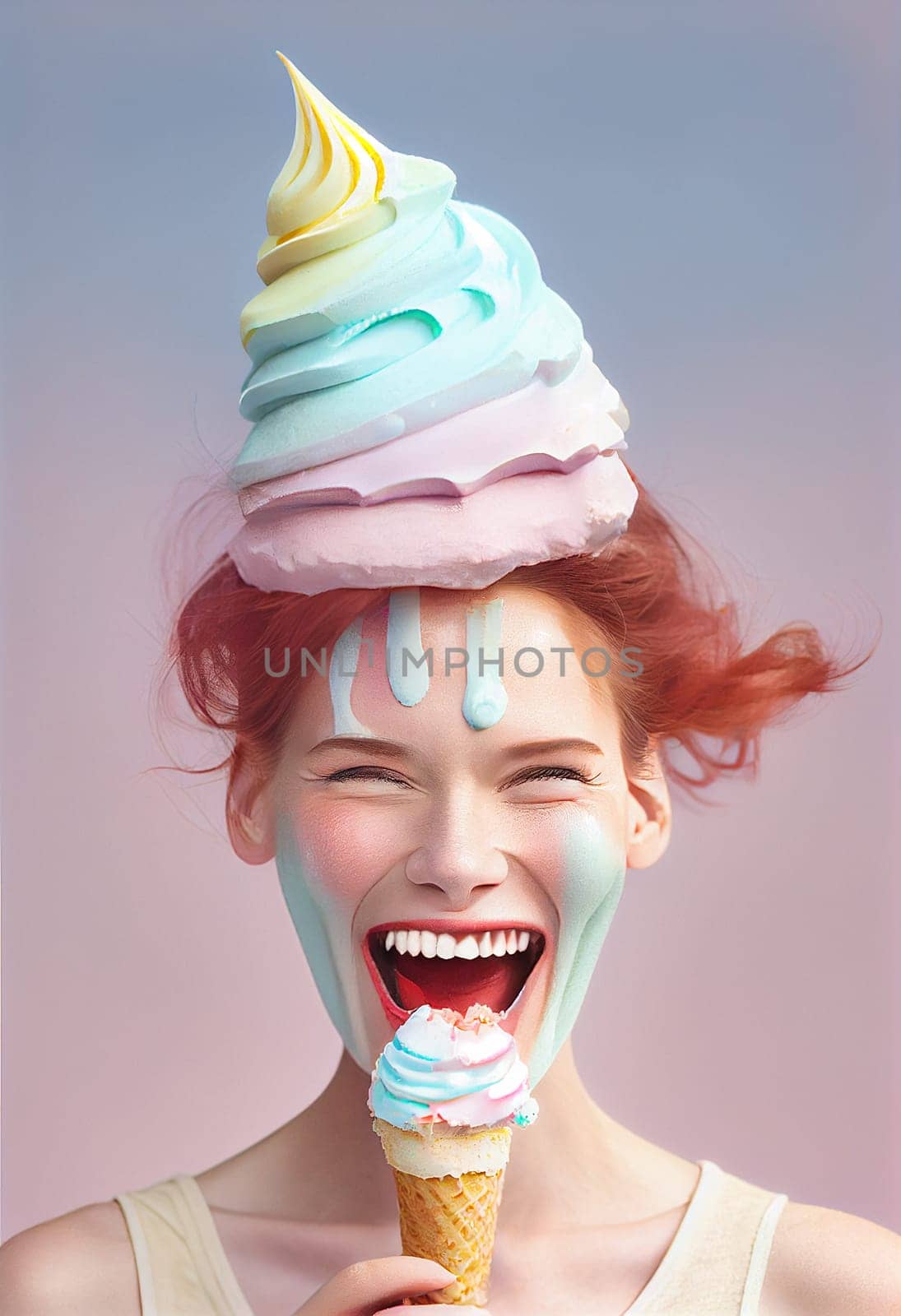 Beautiful woman, waffle cone on the head, ice cream melting down the face, summer feeling, vibrant pastel color, generative AI