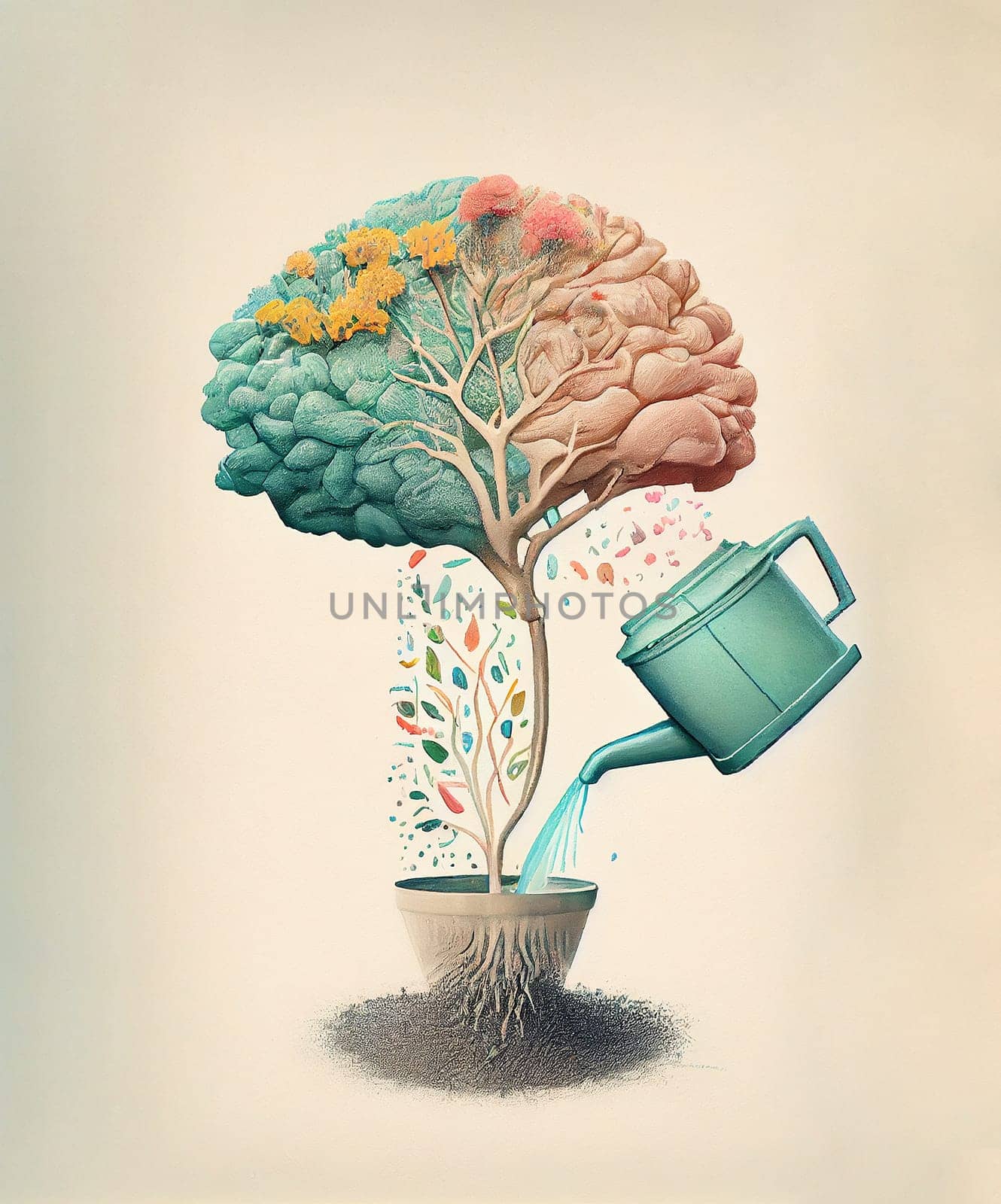 Human brain growing from a flower, watering can is pouring water on the mind, mental health concept, positive attitude, creative thinking, generative AI