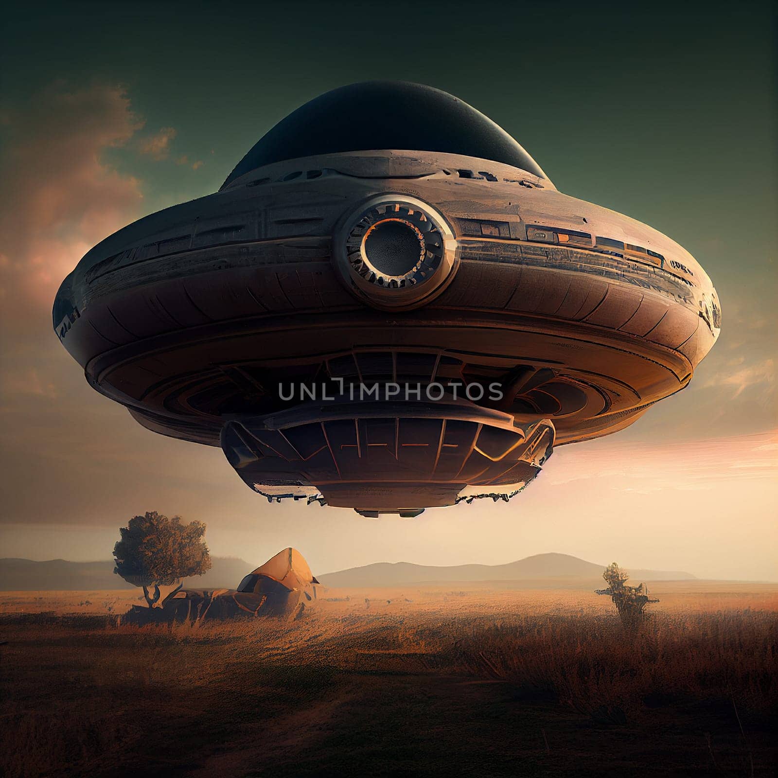 UFO landing, alien invasion and visit, extraterrestrial civilization, paranormal sience fiction, generative AI