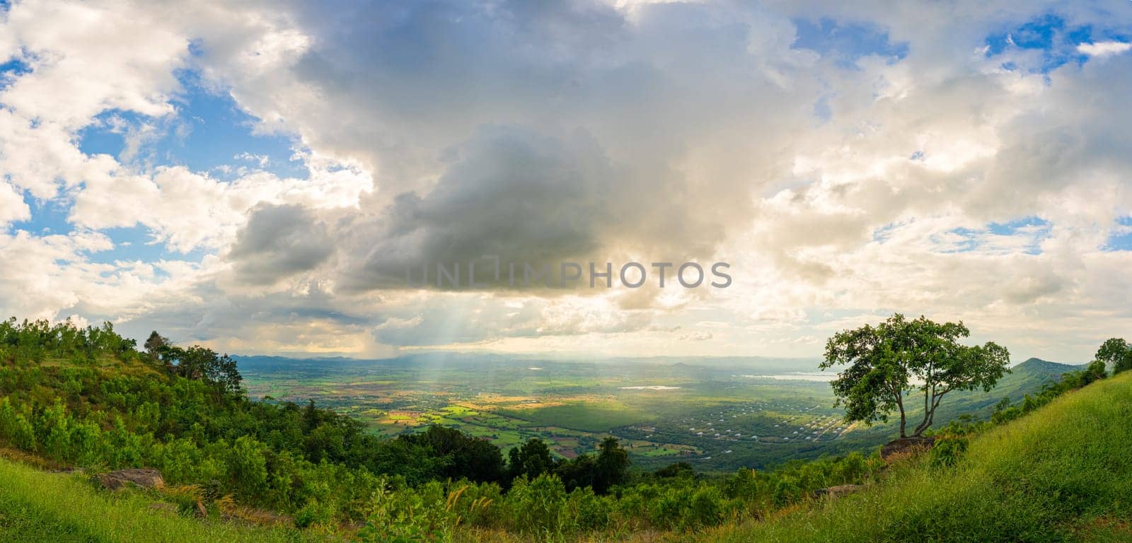 Mountain landscape with sunset on the cloudy sky,Sunset in nature with lighted clouds
