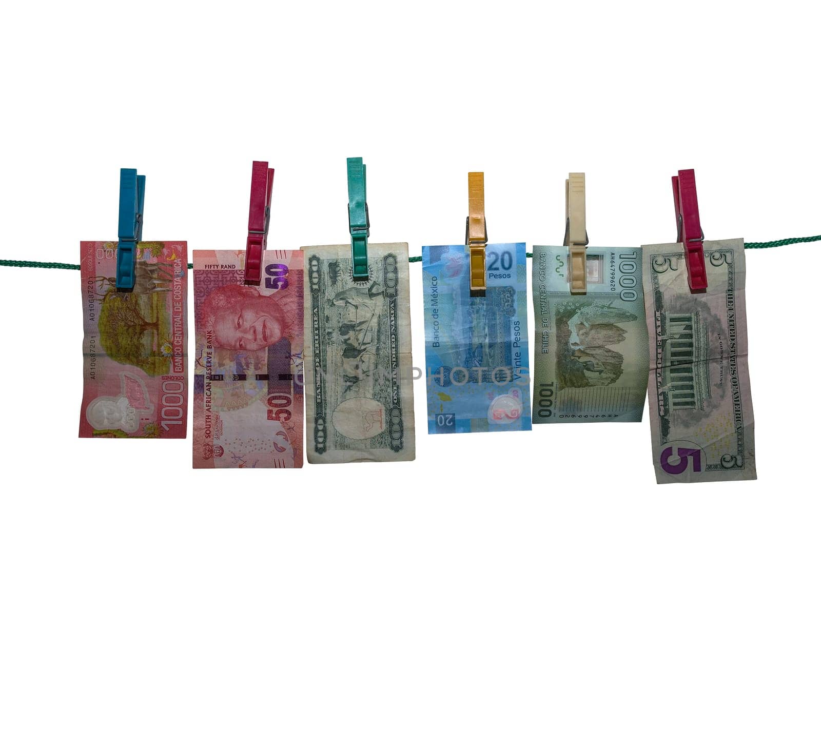 Six banknotes after money laundering to dry on a clothesline, isolated, white background
