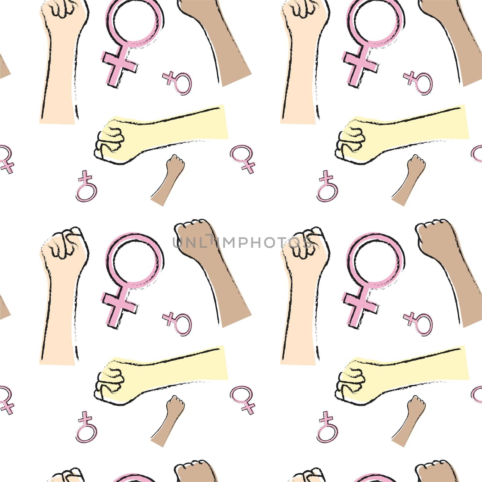 Seamless pattern with hands clenched into a fist, women of different races and a female symbol. The concept of international women's day on March 8. Vector image.