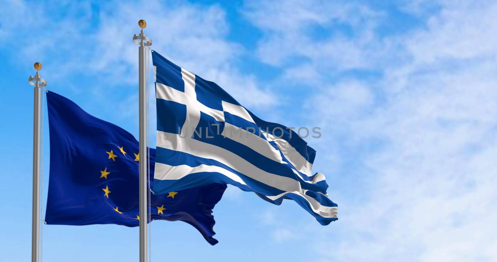 The flags of Greece and the European Union waving together on a clear day. Greece became a member of the European Union on 1981. 3d illustration render. International treaty and diplomacy