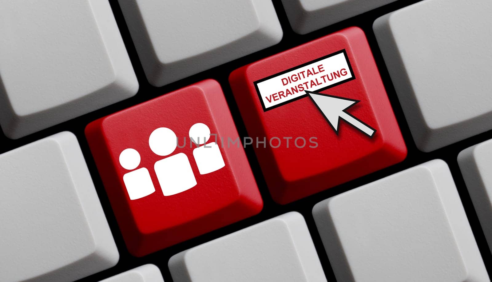Red computer keyboard with group of people showing digital event in german language 3D illustration