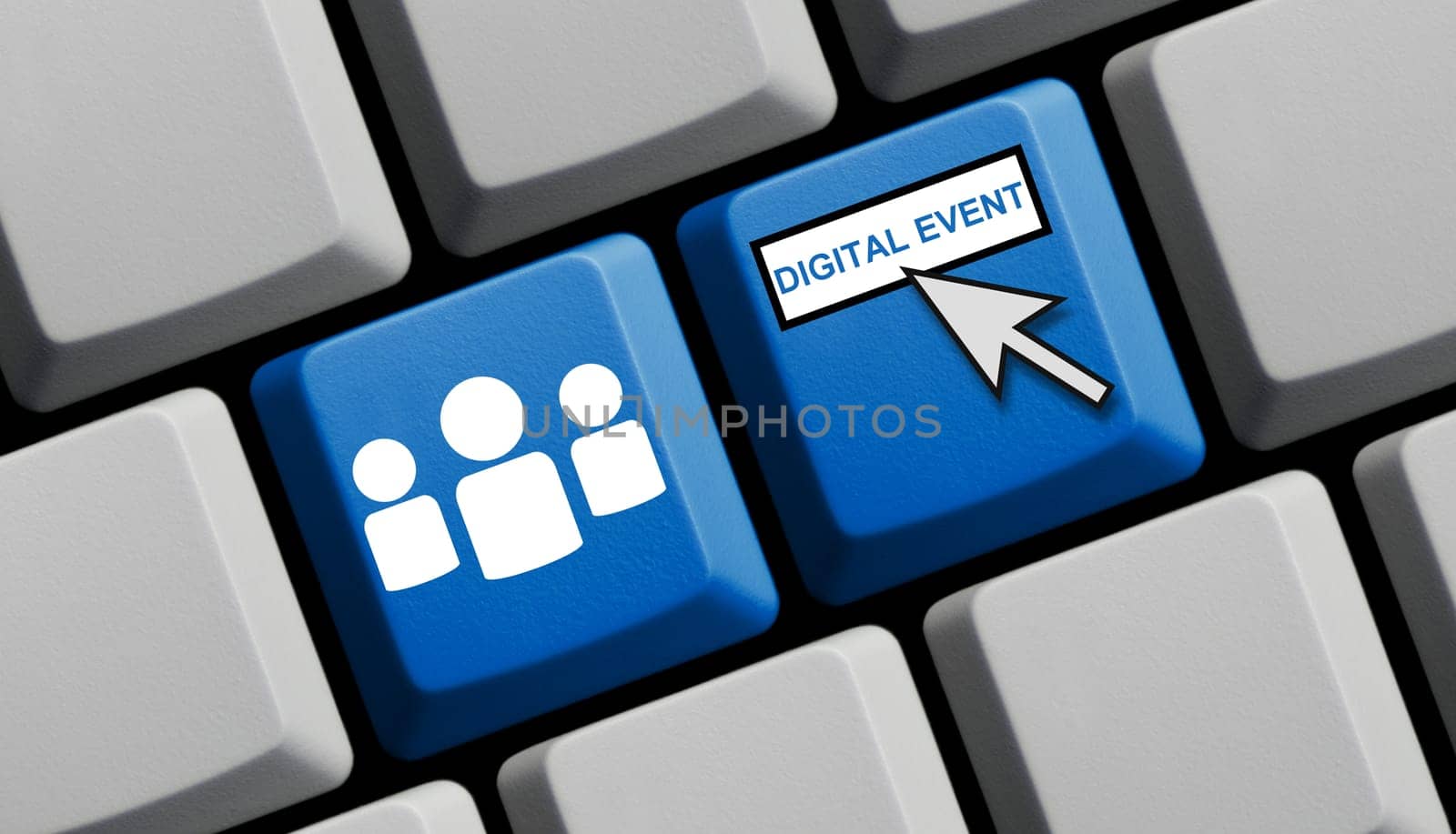Red computer keyboard with group of people showing digital event in german language 3D illustration