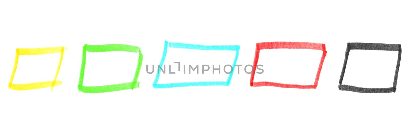 Set of 5 colorful hand drawn rectangle frames: Yellow, green, blue, red and black
