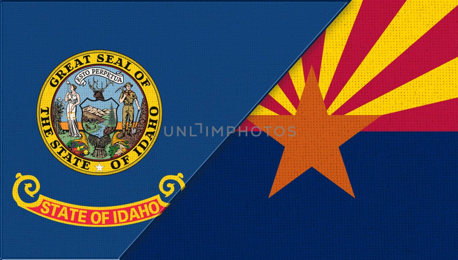 Sports competition. sports match between Idaho and Arizona. Sportive competition. Flags of Idaho and Arizona. Doudle flags of Idaho and Arizona on fabric surface. symbols of states on fabric texture
