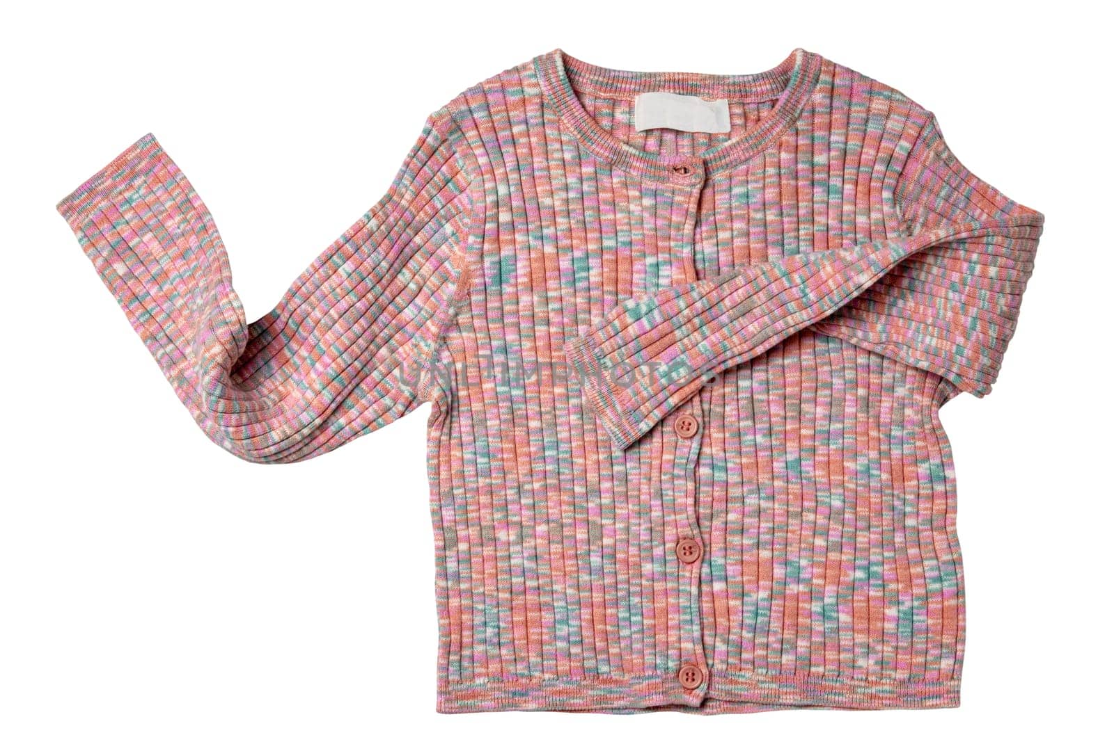 Girls clothes. Multi-colored knitted elegant fluffy cardigan or jumper with v-neck and button closure isolated. Clipping path. Kids and children's fashion.