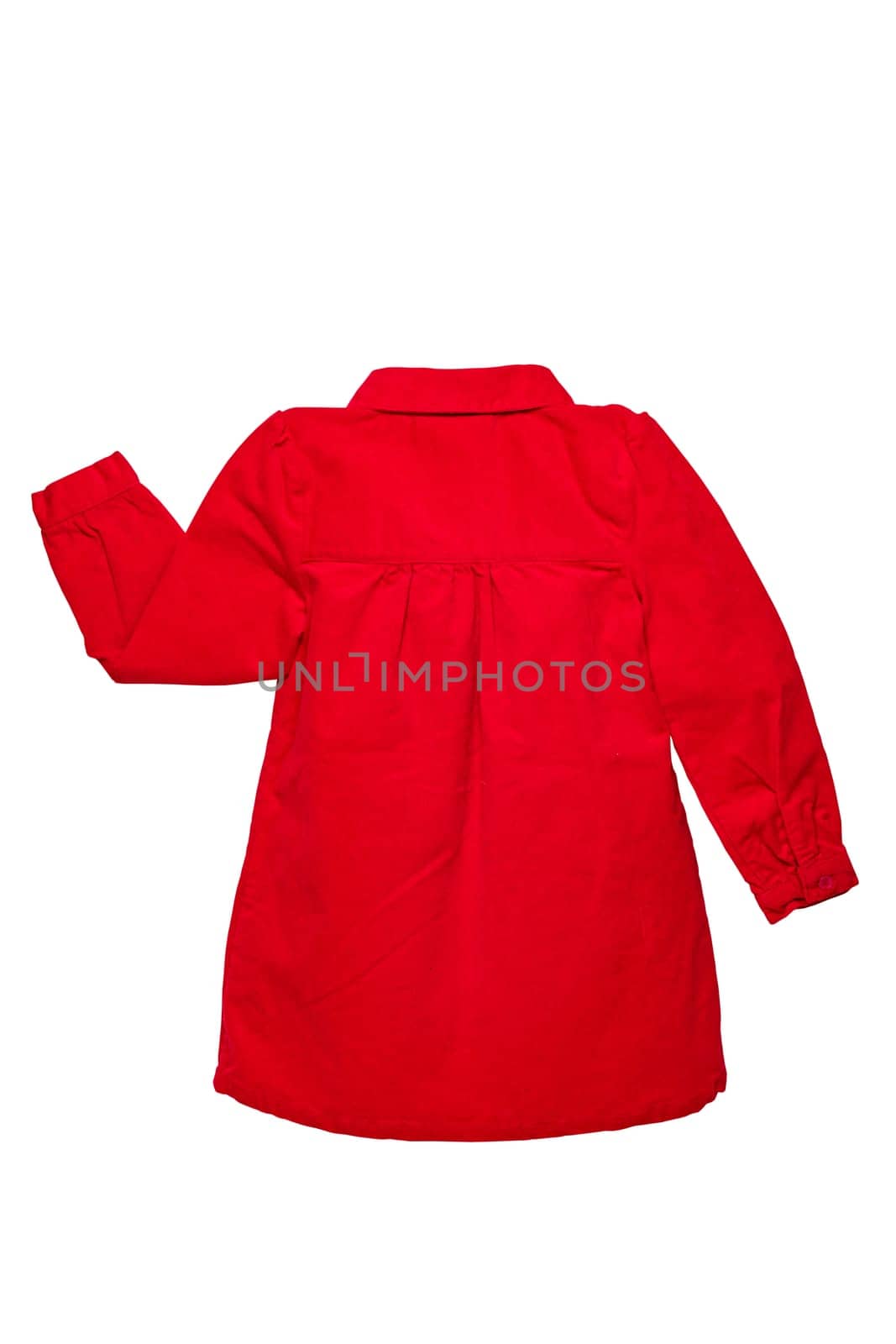 Summer dress isolated. A beautiful red girl's dress with attached heart shaped pockets and long sleeves isolated on white. Kids spring and autumn fashion. Back view.