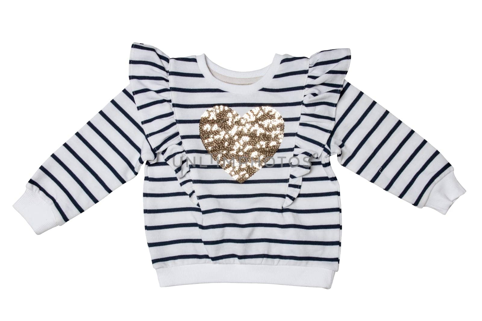 Spring children clothes. Close-up of a stylish beautiful black and white striped little girl sweater or pullover with a heart isolated. Clipping path. Kids winter or autumn fashion.