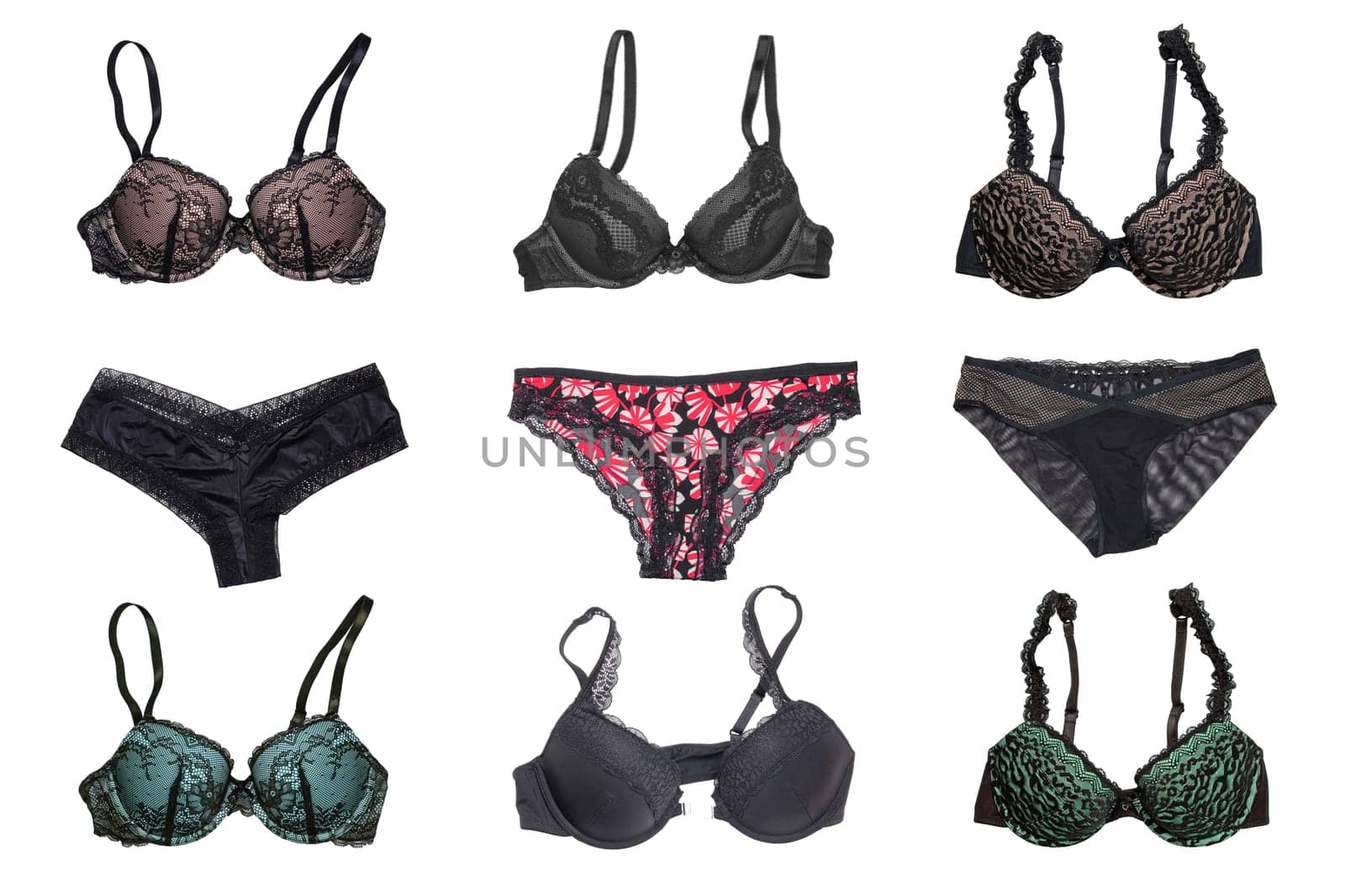 Underwear woman isolated. Collage of luxurious elegant lacy thongs panties and female stylish various bra with laces and straps. Set of sexy lace lingerie.