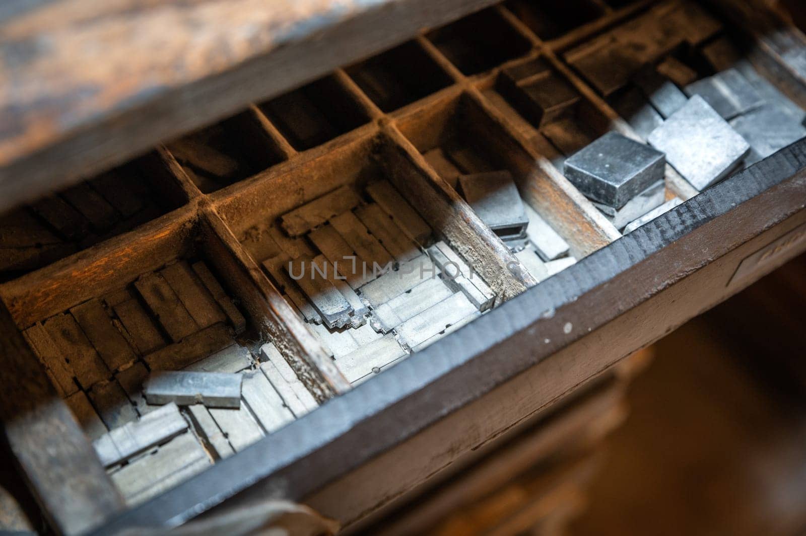 January 17 2023 Brest, Finistere, France : Old printing company with old metal letters in a drawer