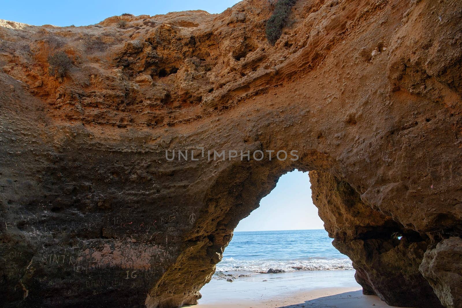 Maria Luisa beach with rock formation in Albufeira, Algarve, Portugal.....
