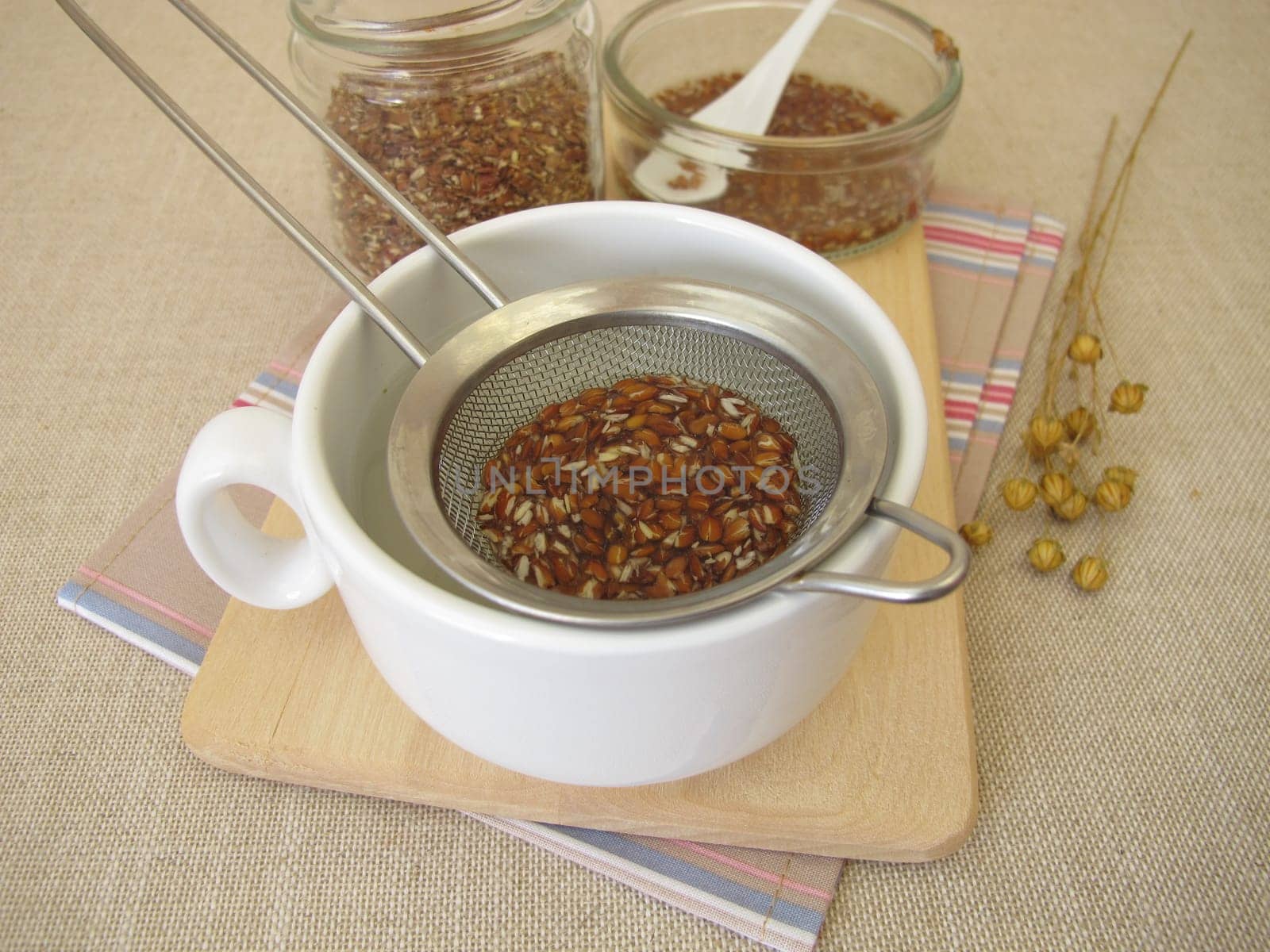 Flaxseed tea, a cup of tea from brown flax seeds