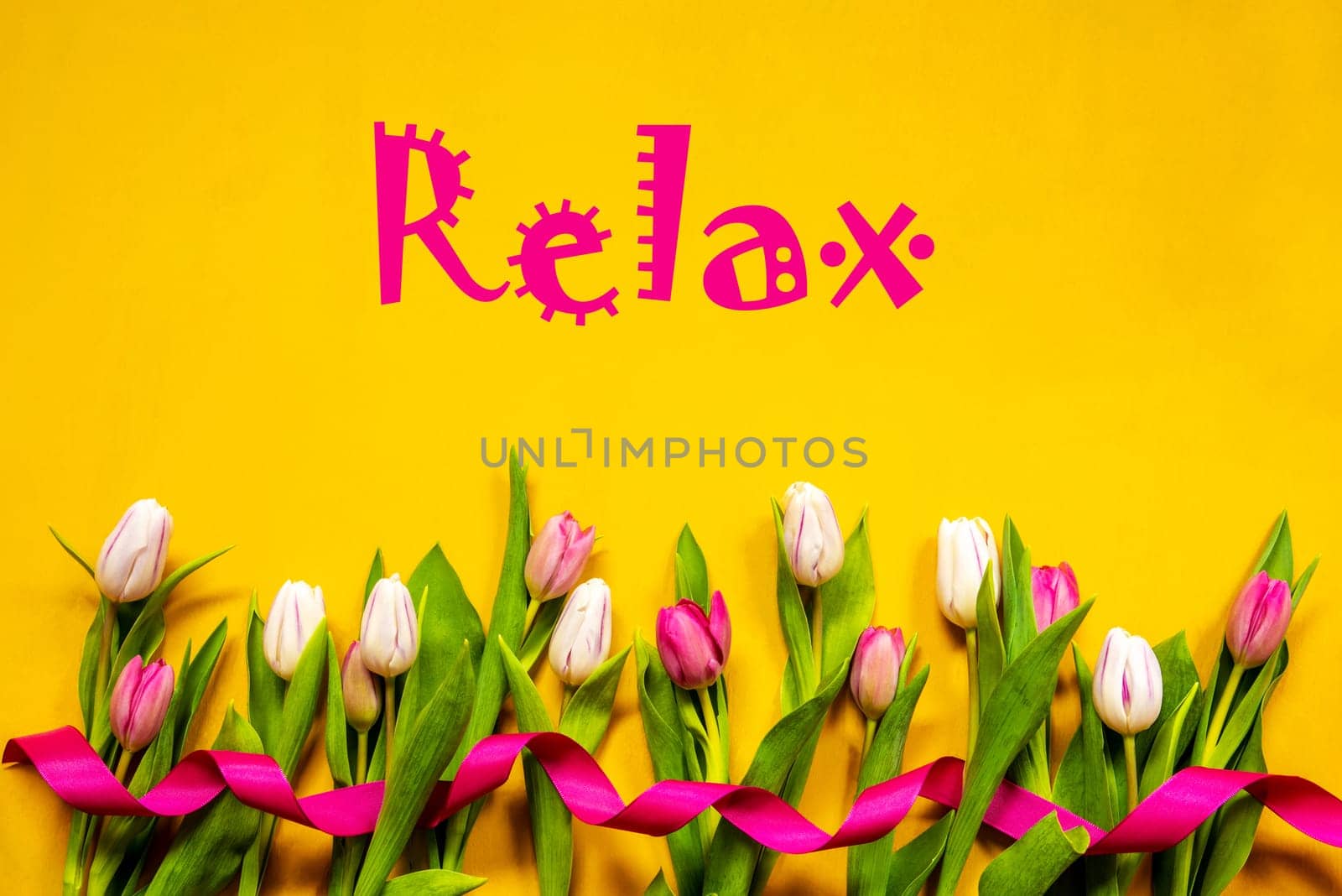 English Text Relax. White And Pink Tulip Spring Flowers With Ribbon. Yellow Wooden Background
