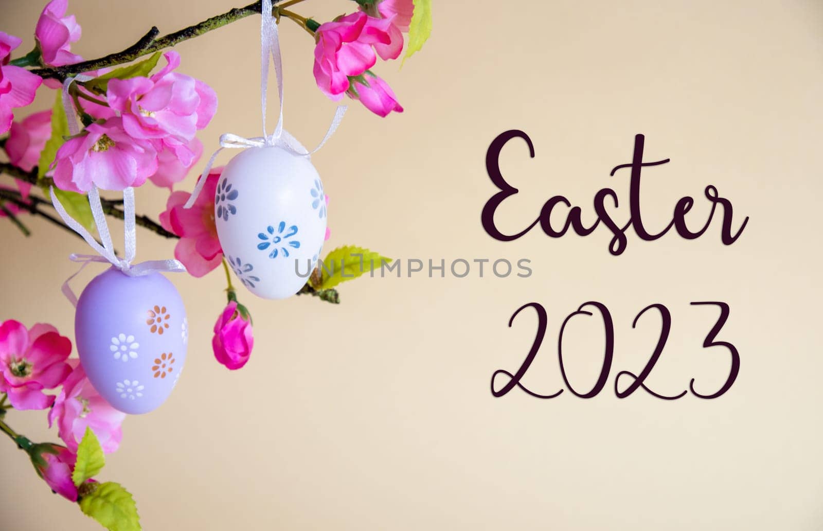 Beautiful Easter Egg Decoration With Spring Flowers. English Text Easter 2023. Seasonal Easter Holiday Greeting Card.