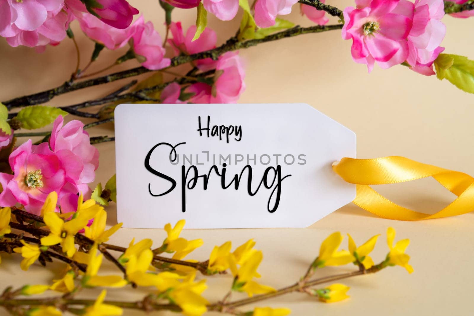Spring Flower Arrangement With White Label With English Text Happy Spring. Colorful Flower Branch Decoration With Yellow And Purple Blossoms.