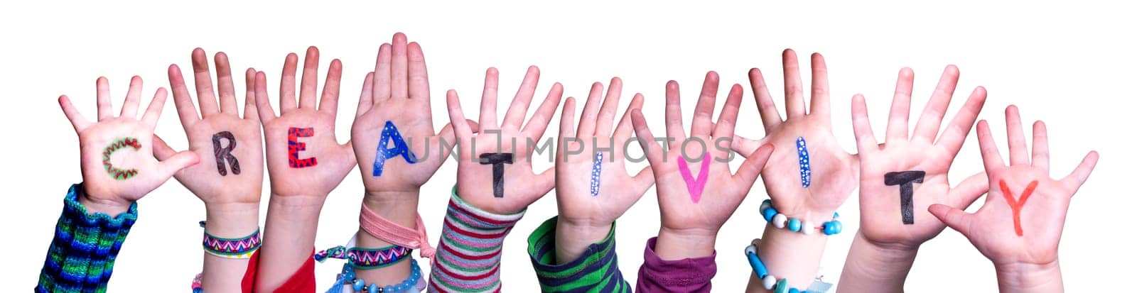 Children Hands Building Colorful English Word Creativity. Isolated White Background.