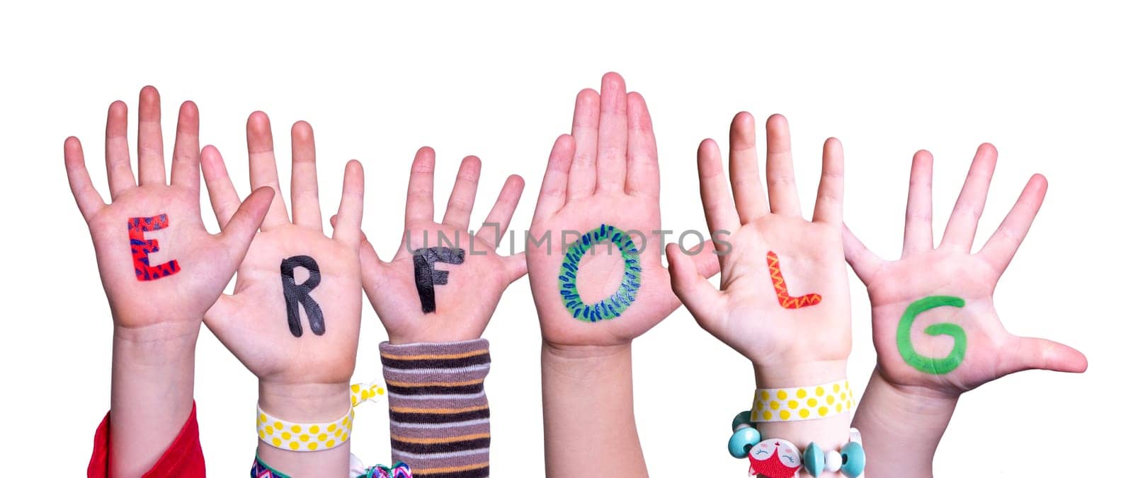 Children Hands Building Colorful German Word Erflog Means Success. Isolated White Background.
