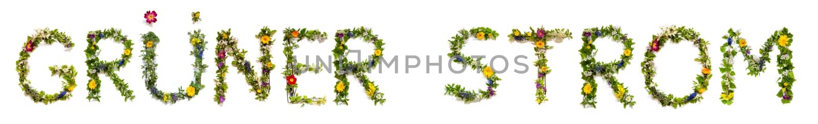 Blooming Flower Letters Building German Gruener Strom Means Green Power. Summer And Spring Season Blossoms And Flower Lei.