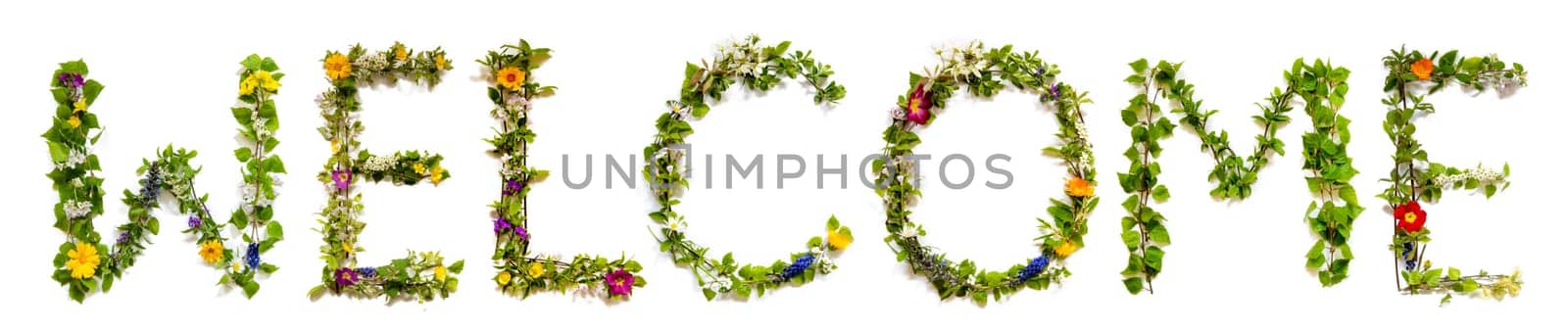 Blooming Flower Letters Building English Word Welcome. Summer And Spring Season Blossoms And Flower Lei.