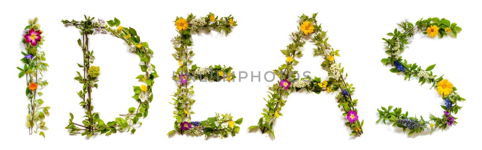 Blooming Flower Letters Building English Word Ideas. Summer And Spring Season Blossoms And Flower Lei.