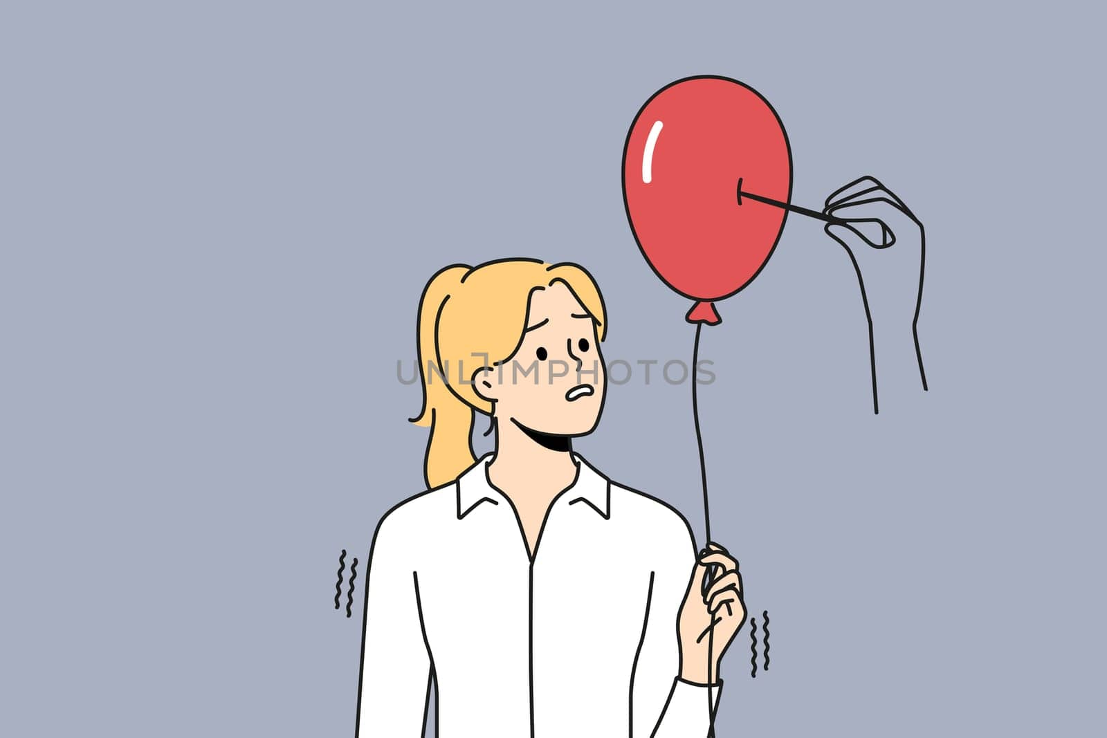 Huge hand pierce balloon with needle. Stressed female employee overwhelmed with work and burnout. Concept of dreams and illusion falling apart. Vector illustration.