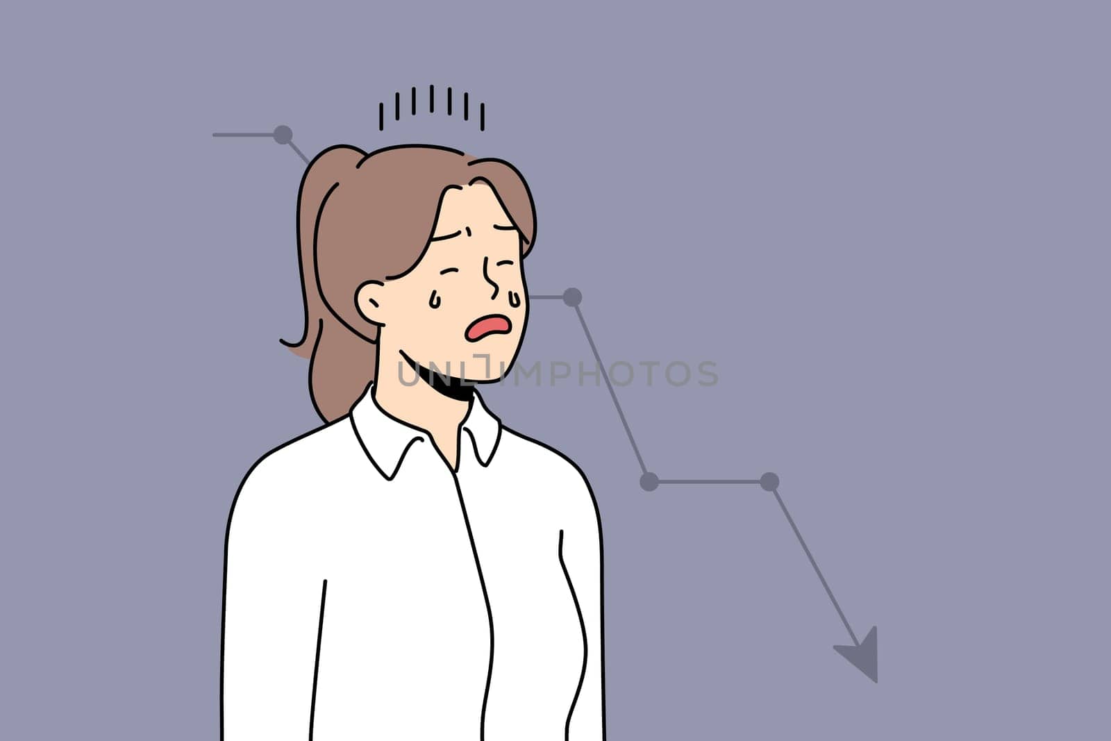 Unhappy businesswoman cry stressed with financial graph going down. Distressed female employee or worker frustrated with economic recession or crisis. Vector illustration.